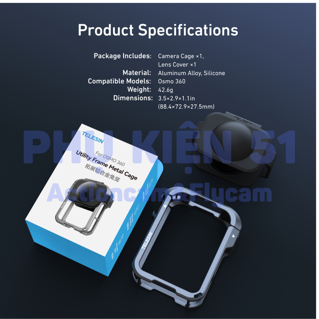 Khung hợp kim Telesin cho Osmo 360 kim loại cứng chắc bảo vệ toàn diện camera S6-FMS-30-TDJ