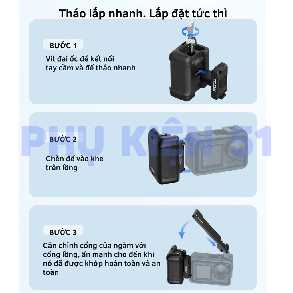 Báng tay cầm Telesin DJI Action 3 4 5 Pro tương thích khung kim loại khung nguyên bản