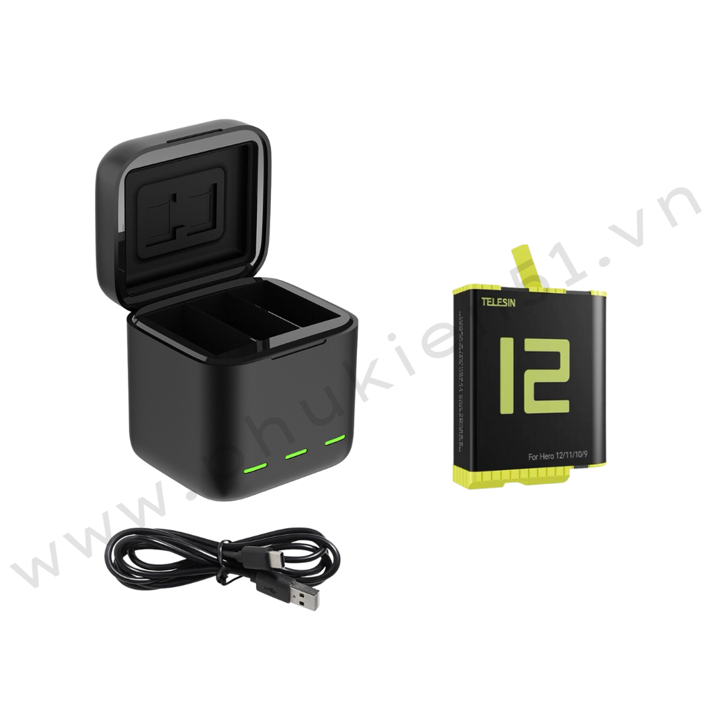 Pin Gopro 12 11 10 9 Black và Hộp sạc Telesin sạc 3 pin