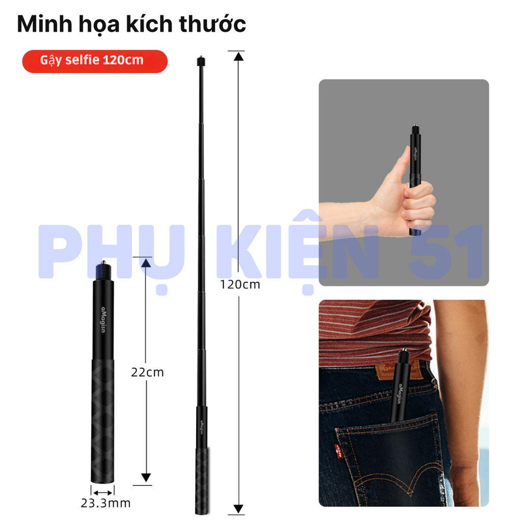 Gậy aMagisn tàng hình Insta360 X5 X4 X3 Osmo 360 kéo dài 70cm 120cm