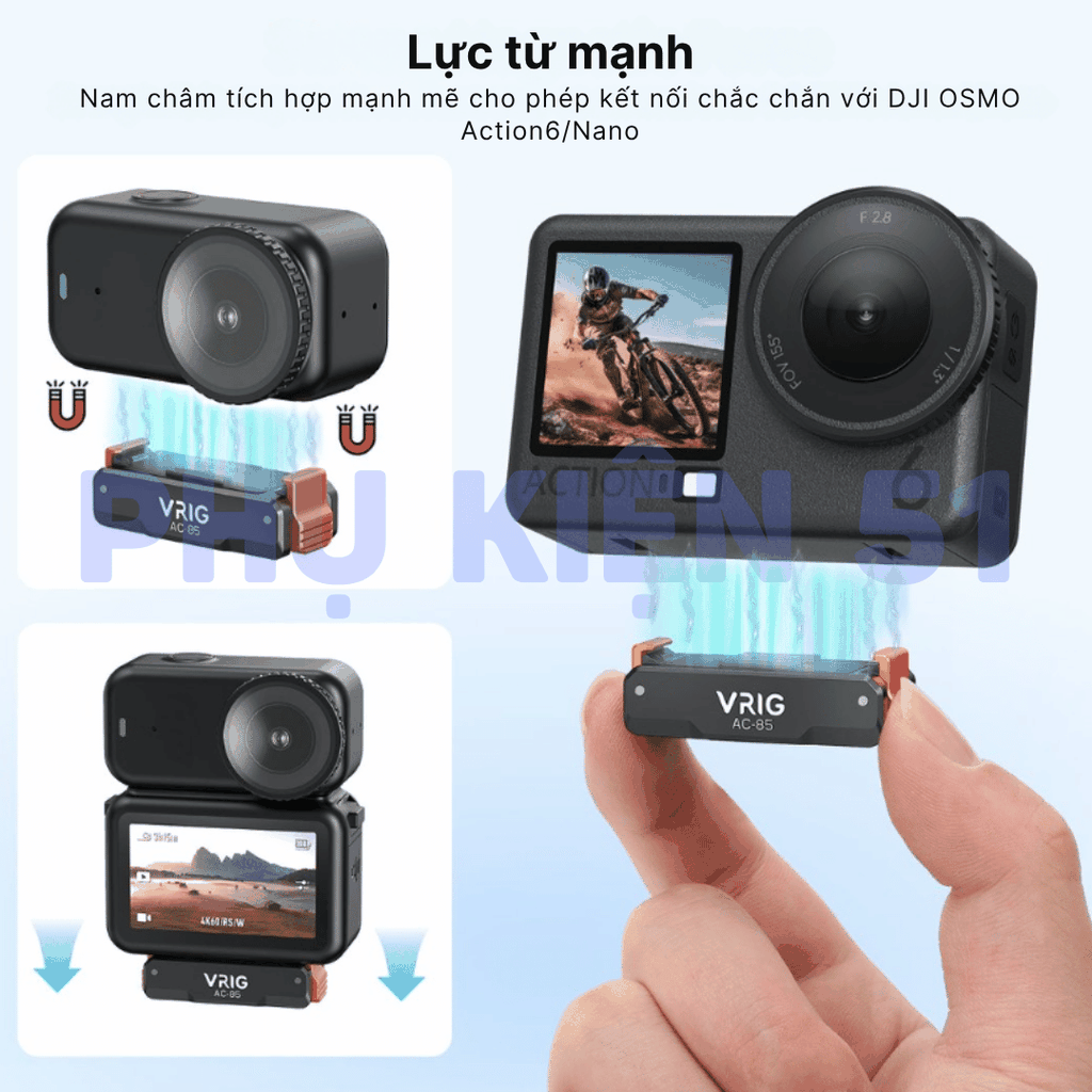 Ngàm nam châm Vrig Action6 Nano có lỗ ốc 1/4 inch tiện lợi