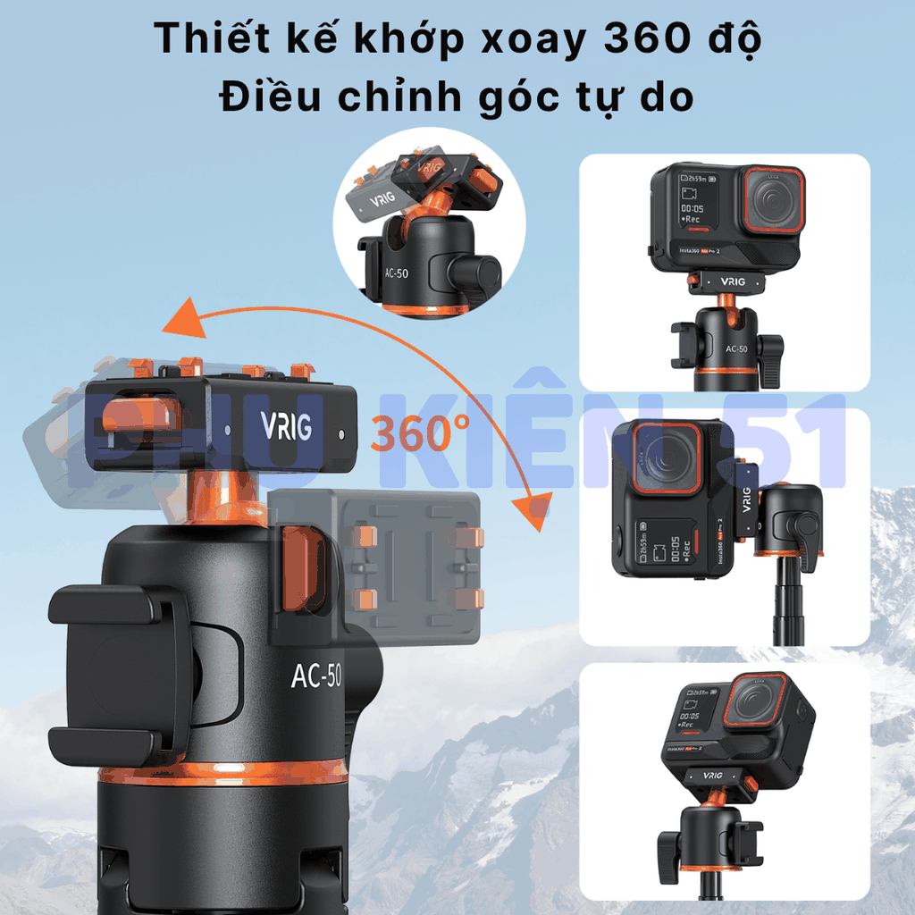 Tripod Vrig Ac 50 cho Insta360 X5 Ace Pro 2 tích hợp Remote kéo dài 55cm tiện lợi