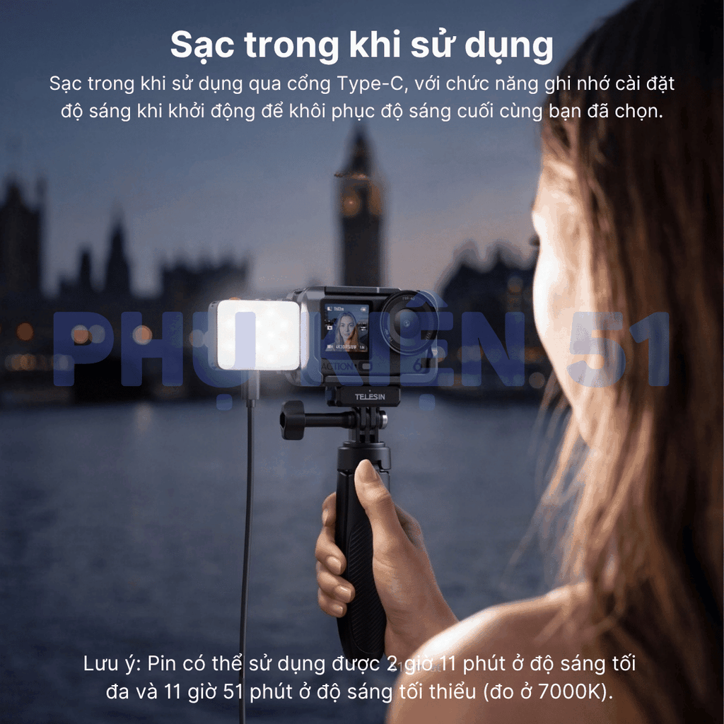 Đèn trợ sáng TELESIN cho DJI Action 6 / Nano kèm chân Cold Shoe hỗ trợ nhiều phụ kiện