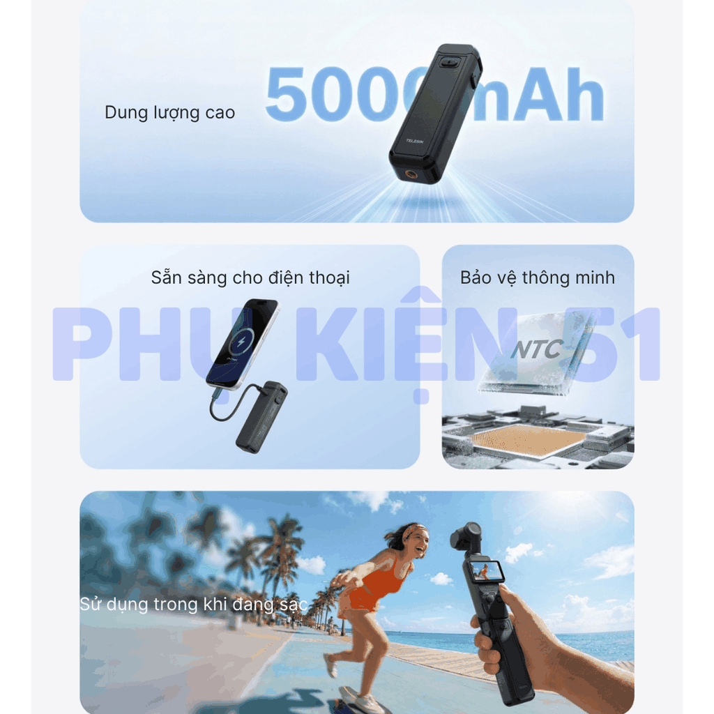Pin sạc Telesin cho Pocket 4 3 kéo dài thời gian sử dụng 1,3 lần sạc