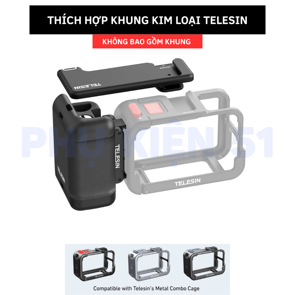 Báng tay cầm Telesin DJI Action 3 4 5 Pro tương thích khung kim loại khung nguyên bản