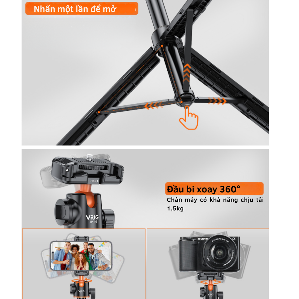 Tripod Vrig TP 16 kéo dài 138cm cho điện thoại máy ảnh Actioncam cứng cáp đầu bi linh hoạt