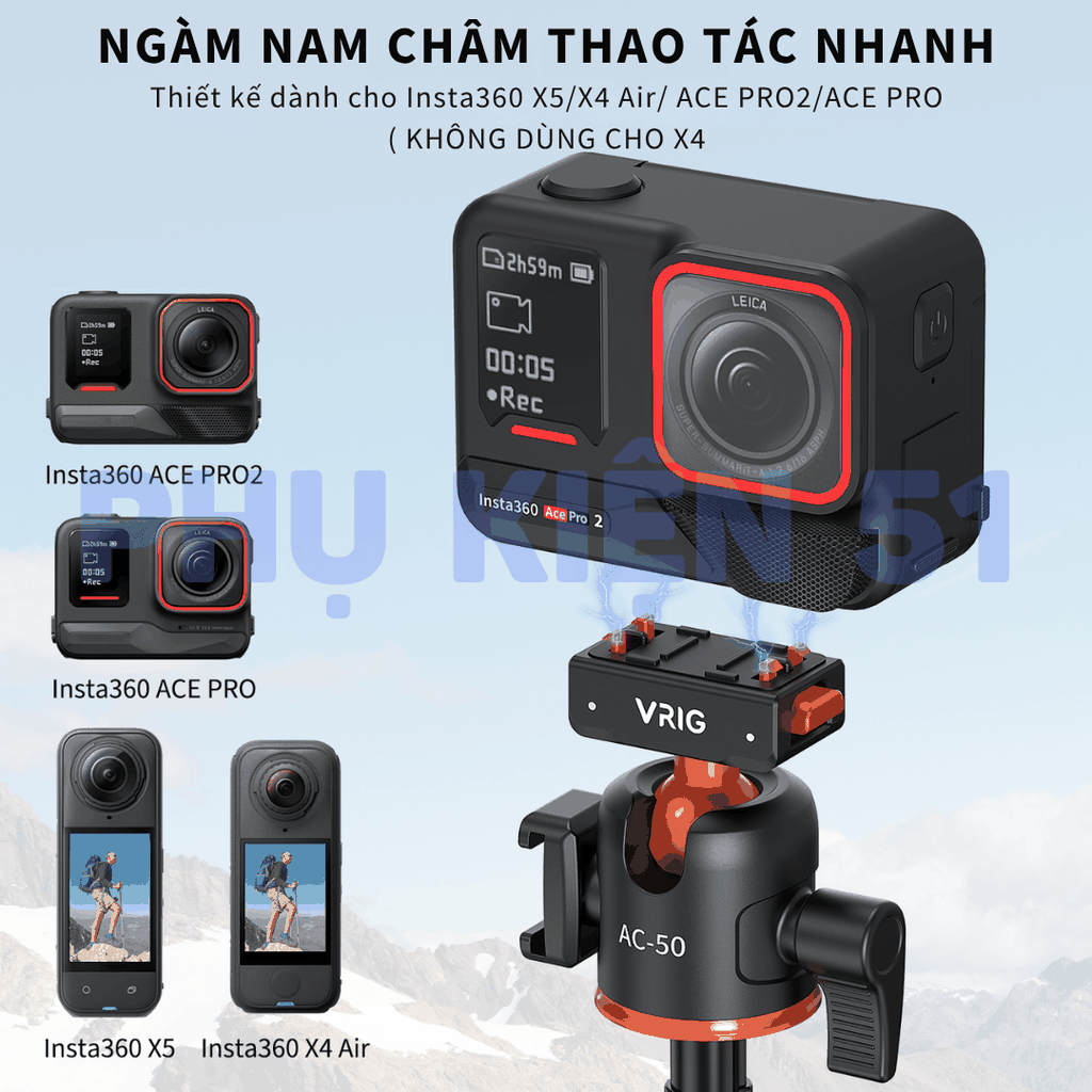 Tripod Vrig Ac 50 cho Insta360 X5 Ace Pro 2 tích hợp Remote kéo dài 55cm tiện lợi