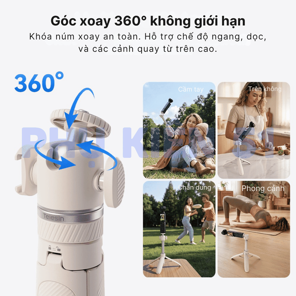 Tripod Telesin tự bung chân kéo dài 65cm gắn Actioncam Pocket Màu trắng