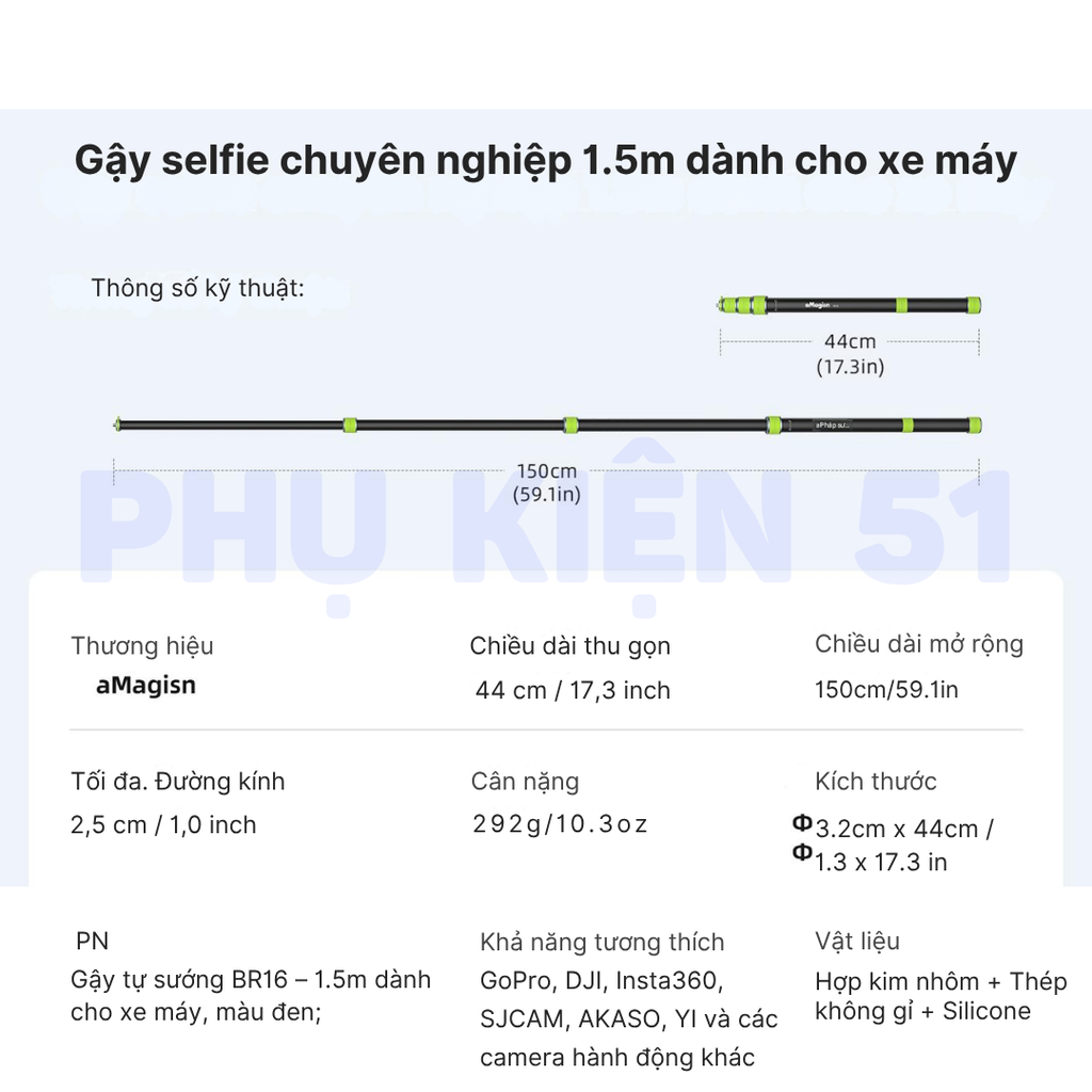 Gậy aMagisn 1M5 cứng cáp hợp kim nhôm chuyên dùng gắn xe