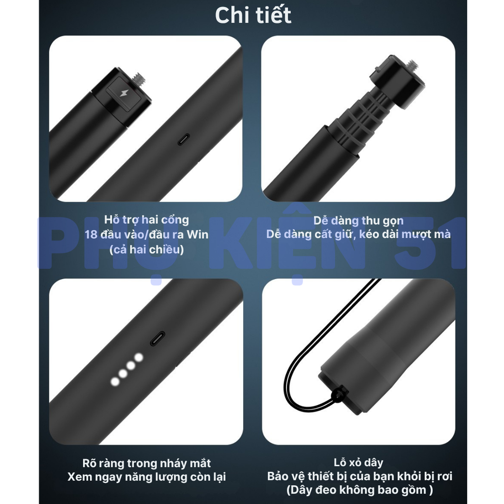 Gậy sạc Telesin 2.0 dự phòng Actioncam Insta360 Gopro 5000mah kéo dài thời gian sử dụng
