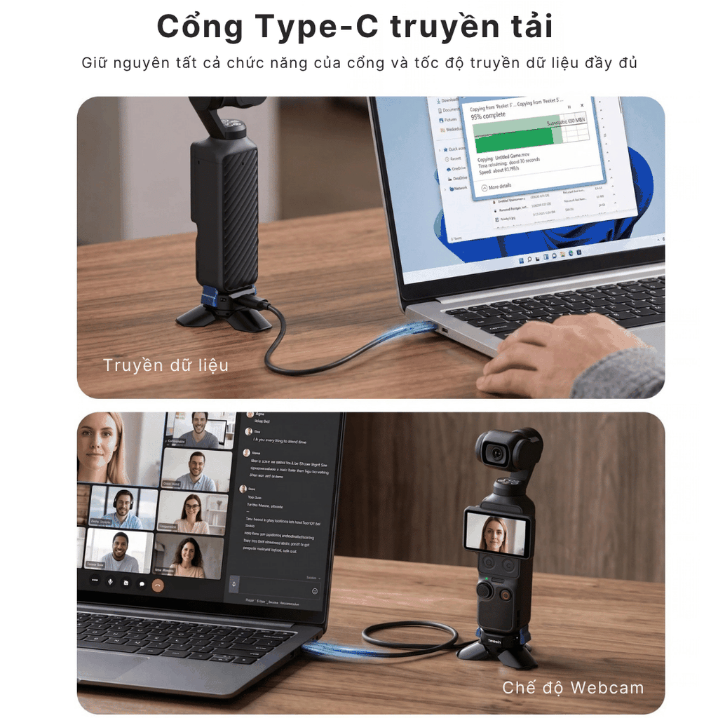 Đế 3 chân Telesin kiêm sạc cho Pocket 3 4 4P chân tự bung cổng sạc type C