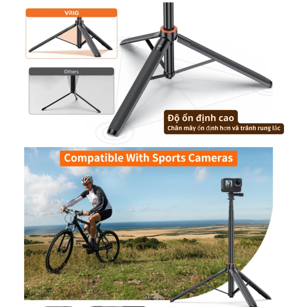 Gậy Vrig Tp 21 kéo dài 128cm tích hợp tripod gắn Actioncam Gopro Insta360 Actioncam