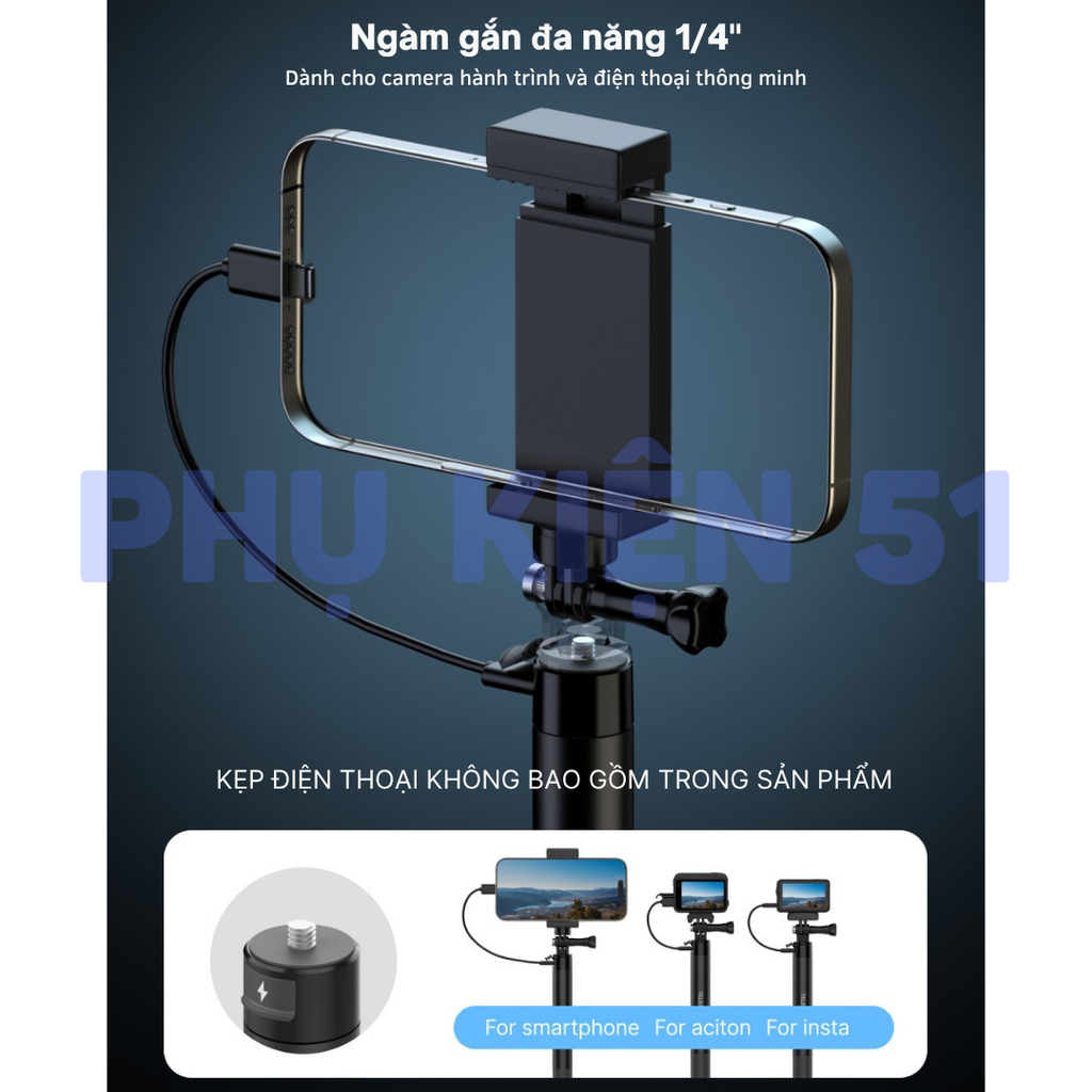 Gậy sạc Telesin 2.0 dự phòng Actioncam Insta360 Gopro 5000mah kéo dài thời gian sử dụng