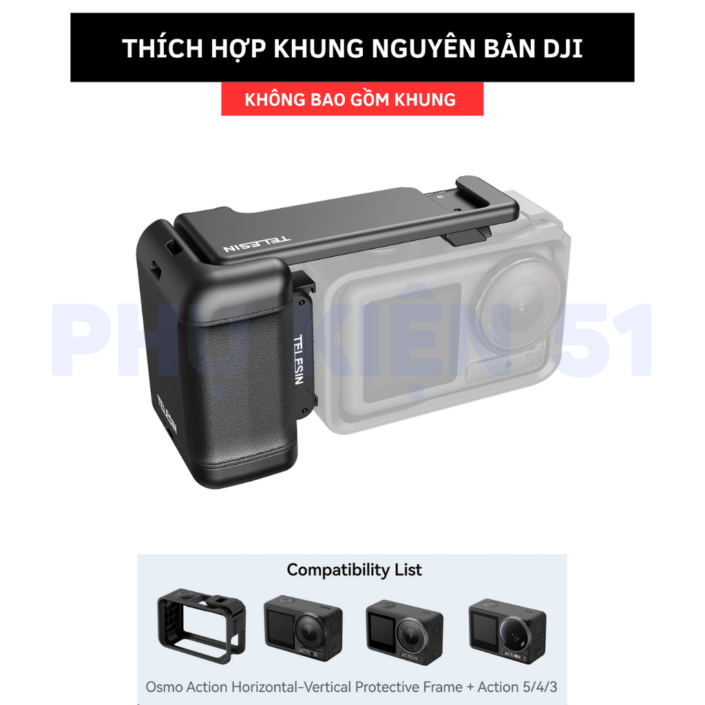 Báng tay cầm Telesin DJI Action 3 4 5 Pro tương thích khung kim loại khung nguyên bản