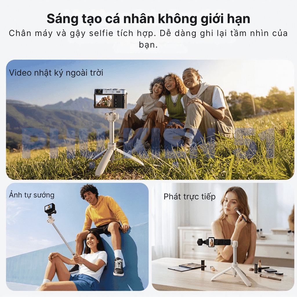 Tripod Telesin tự bung chân kéo dài 65cm gắn Actioncam Pocket Màu trắng