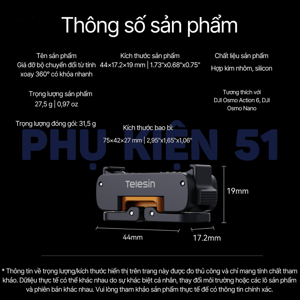 Ngàm tích hợp ren 1/4 Telesin Action 6 Nano  / Osmo 360 II tiện lợi đa năng