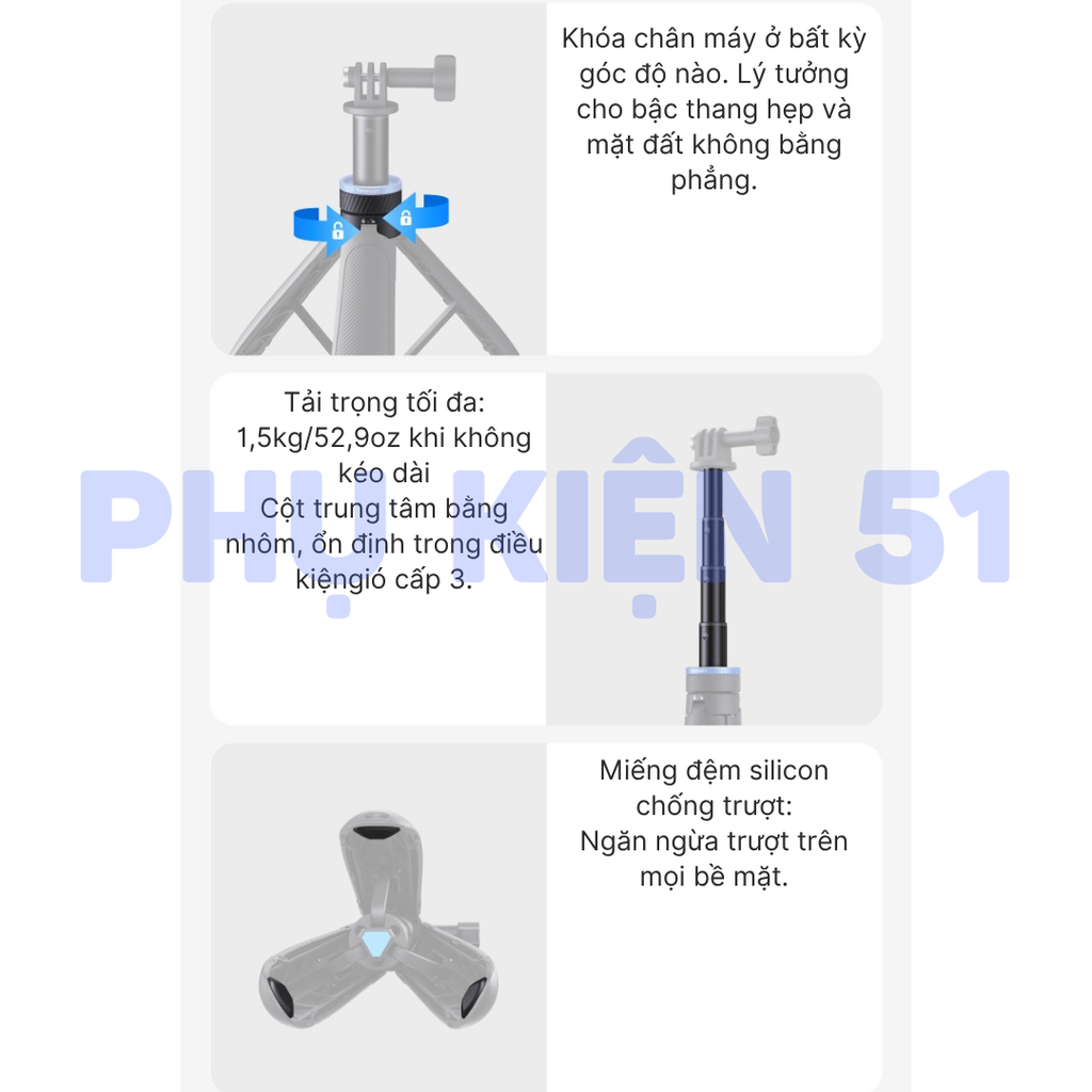 Tripod Telesin tự bung chân kéo dài 65cm gắn Actioncam Pocket Gopro Insta360 gấp gọn