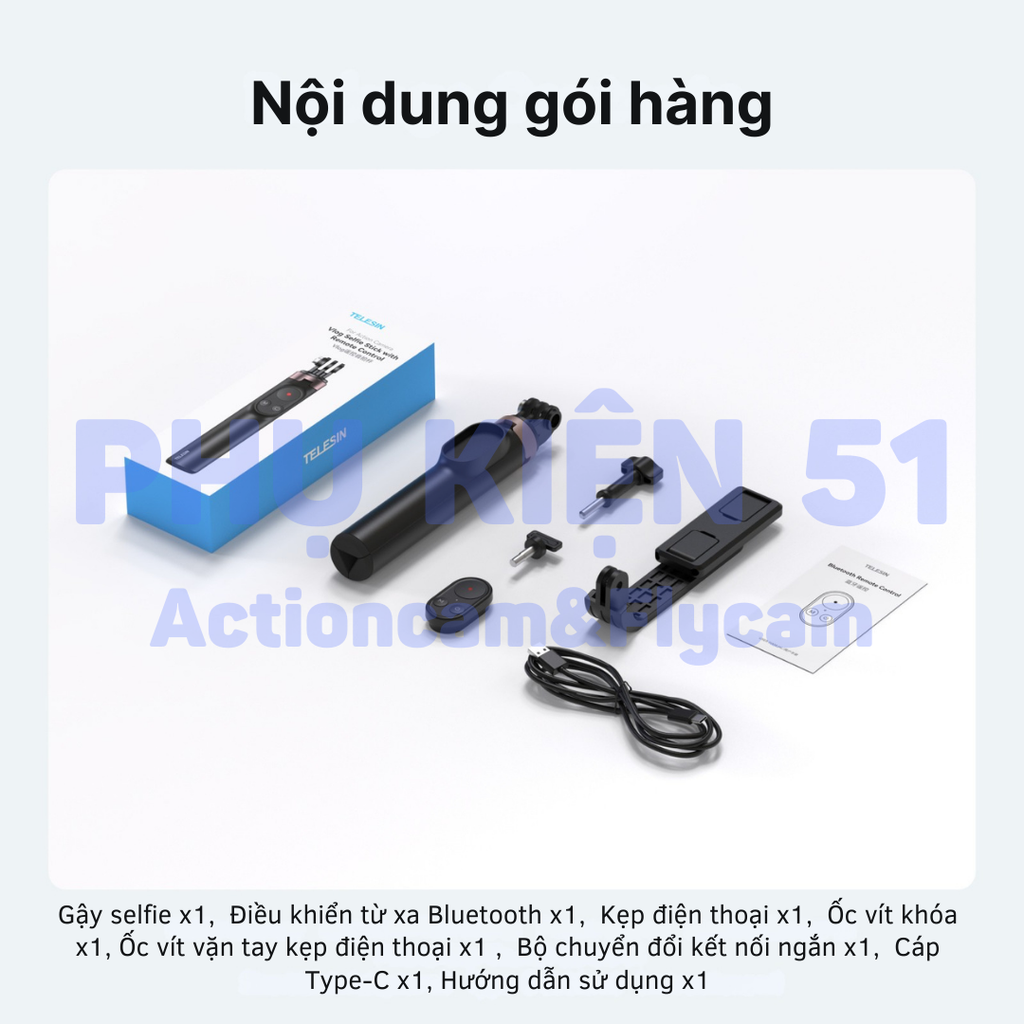 Tripod Telesin kiêm remote DJI Action 4 5 6 , Gopro 9 - 13 Black , điện thoại kéo dài 60cm