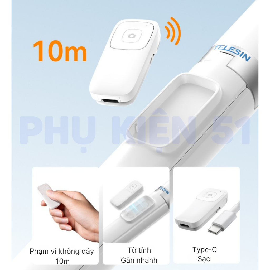Tripod Telesin kiêm remote tự mở chân cho điện thoại kéo dài 1m8 điều khiển bluetooth lên đến 10m