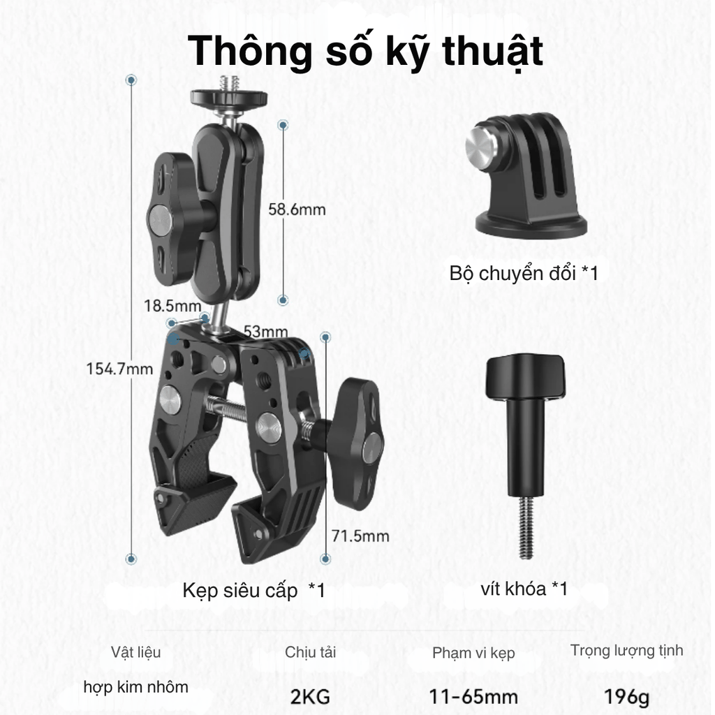 Kẹp càng cua kim loại Telesin gắn Actioncam máy ảnh đèn flash cố định chắc chắn