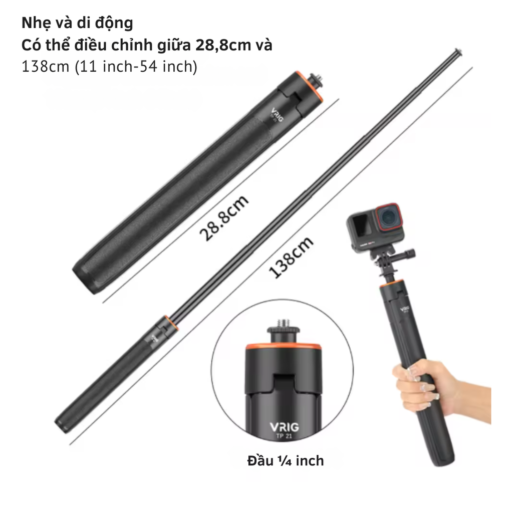 Gậy Vrig Tp 21 kéo dài 128cm tích hợp tripod gắn Actioncam Gopro Insta360 Actioncam