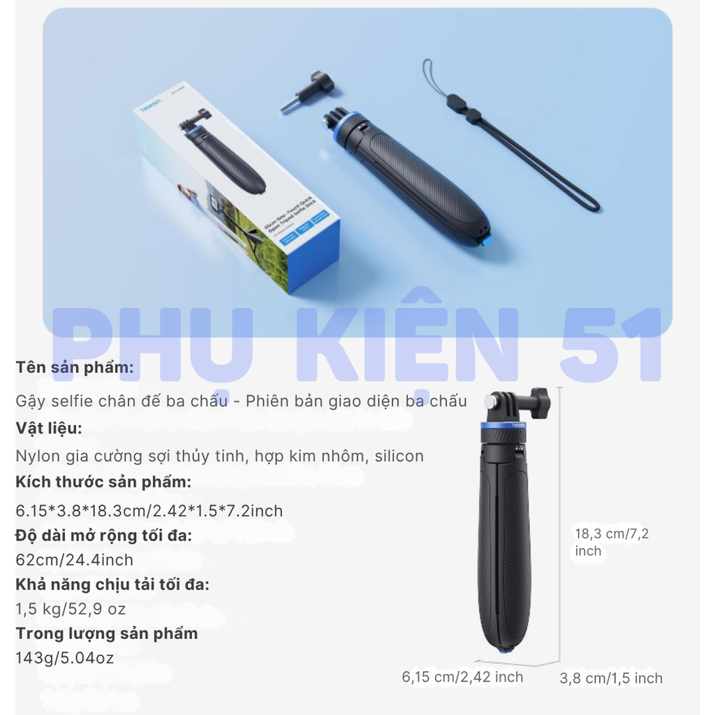 Tripod Telesin tự bung chân kéo dài 65cm gắn Actioncam Pocket Gopro Insta360 gấp gọn