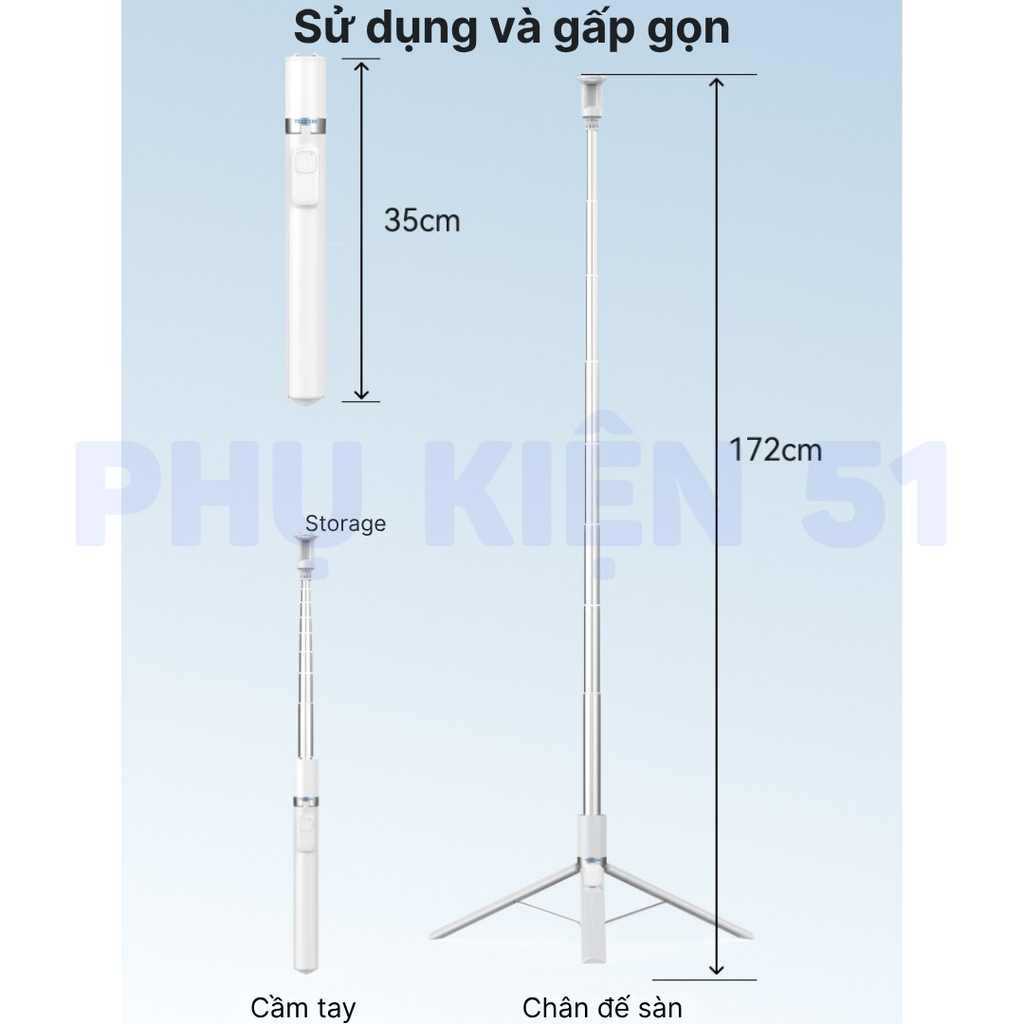 Tripod Telesin kiêm remote tự mở chân cho điện thoại kéo dài 1m8 điều khiển bluetooth lên đến 10m