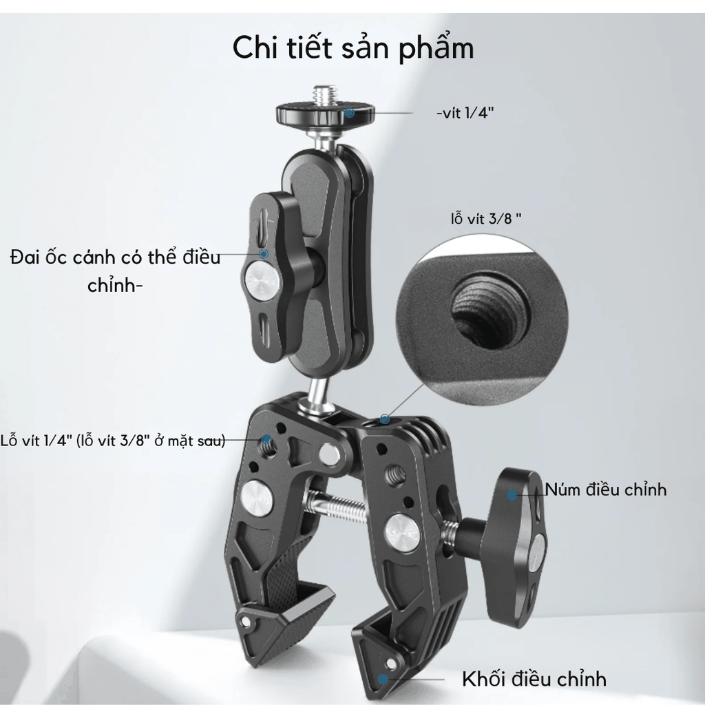 Kẹp càng cua kim loại Telesin gắn Actioncam máy ảnh đèn flash cố định chắc chắn