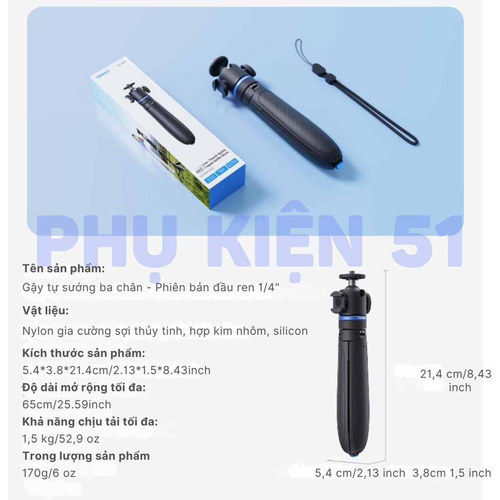 Tripod Telesin tự bung chân kéo dài 65cm gắn Actioncam Pocket Gopro Insta360 gấp gọn