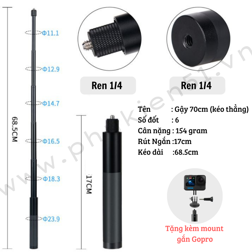 Gậy tàng hình Insta360 One X2 X3 X4 kéo dài 70cm Chính Hãng