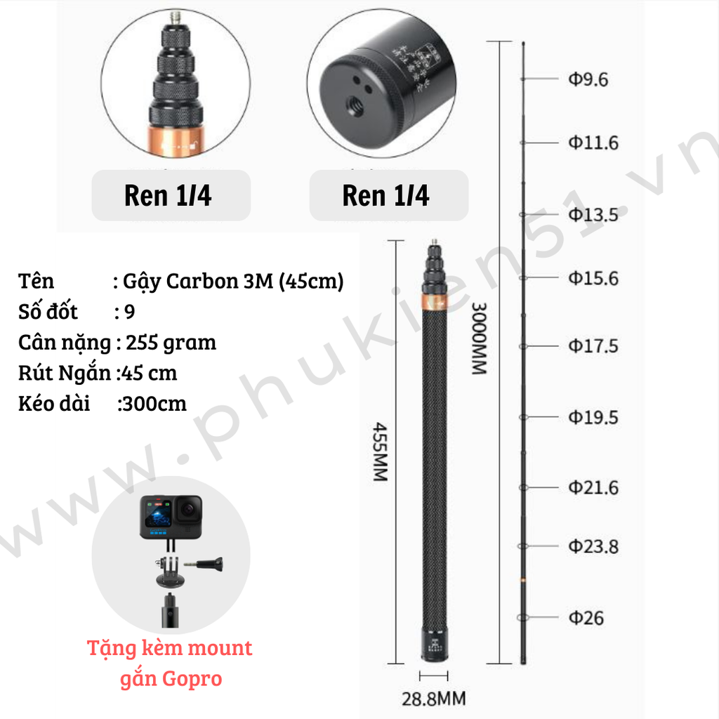Gậy 1.5M 3M Carbon Fiber tàng hình kéo dài dành cho Insta360, GoPro, GoPro Max