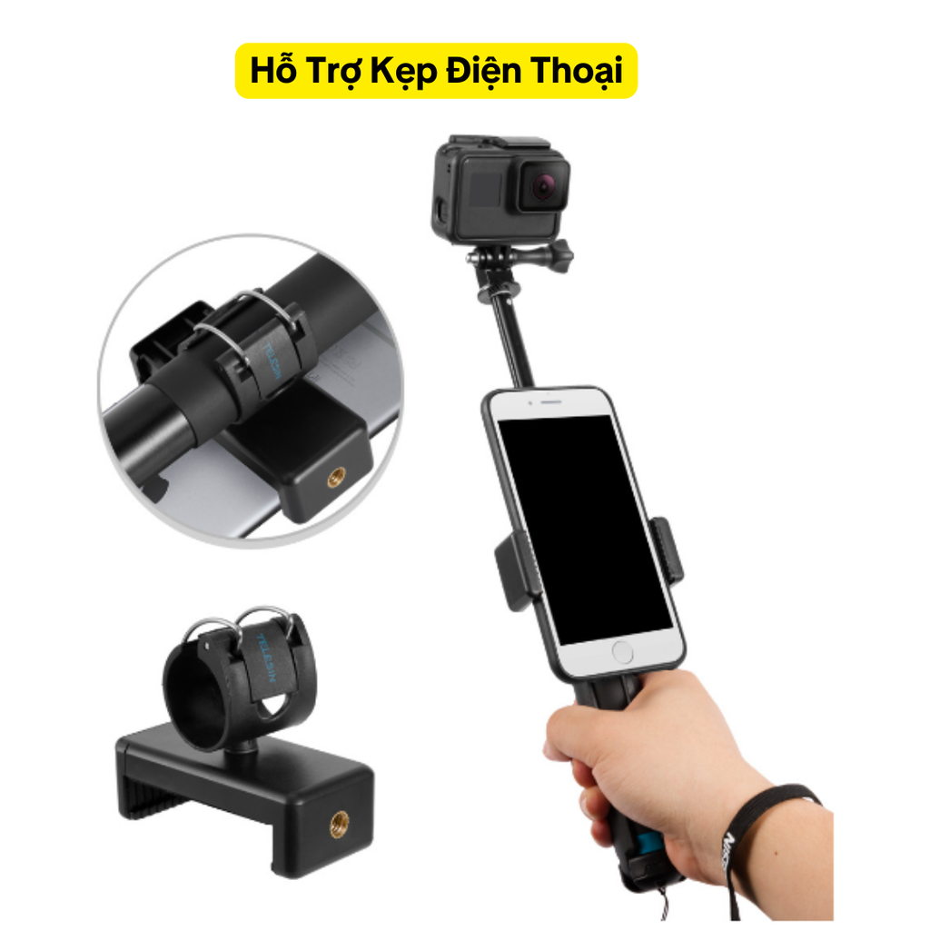 Gậy Telesin 6 in 1 kèm tripod tích hợp gắn điện thoại trên gậy tương thích mọi ActionCam dài 90cm - Hàng chính hãng