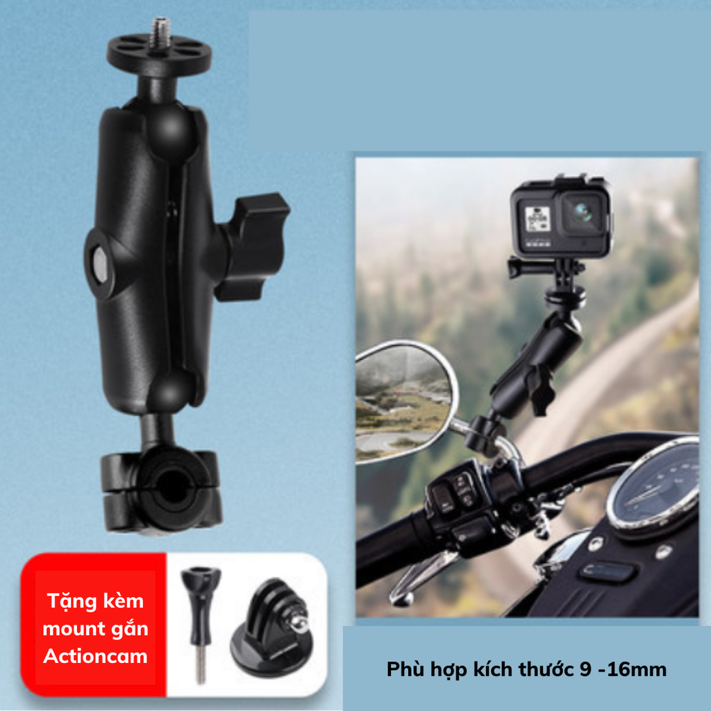 Giá đỡ gắn Actioncam thân kính xe máy, tựa đầu oto xoay 360 độ dễ dàng