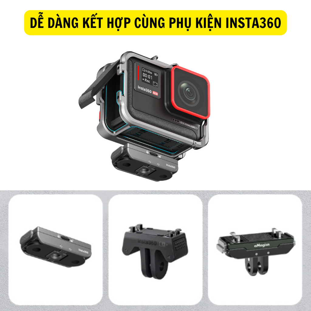 Khung Nhôm aMagisn Insta360 Ace / Ace Pro chắc chắn hỗ trơ xoay ngang dọc ngàm mở rộng gắn mic đèn - Hàng chính Hãng