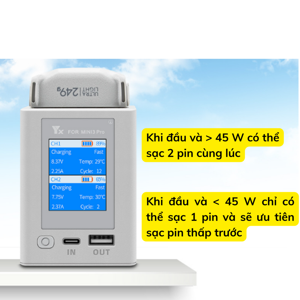 Hub sạc YX 2 khe pin DJI Mini 3 / Mini 3 pro/ Mini 4 Pro tối đa 35W 65W 2 chiều