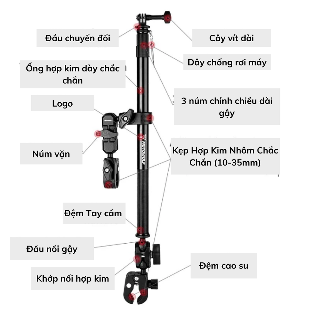 Bộ kẹp Motowolf MDL 3531 gắn Actioncam Insta360  Gopro Actioncam hợp kim nhôm