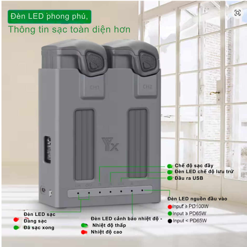 Hub sạc YX 100W cho DJI Mavic 4 Pro đèn báo đầy đủ 2 khe sạc
