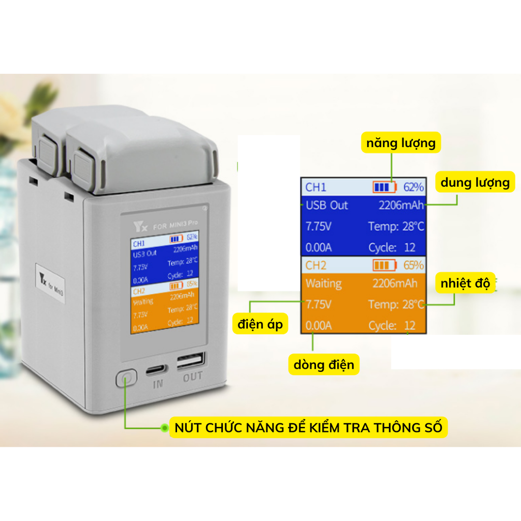 Hub sạc YX 2 khe pin DJI Mini 3 / Mini 3 pro/ Mini 4 Pro tối đa 35W 65W 2 chiều
