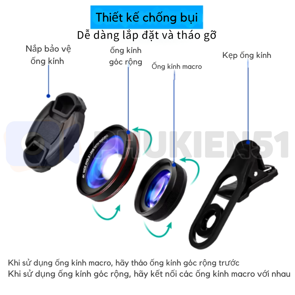 Lens 2 in1 4K HD Macro 15X và gốc rộng 0,45X cho điện thoại có đèn trợ sáng hỗ trợ cực tốt