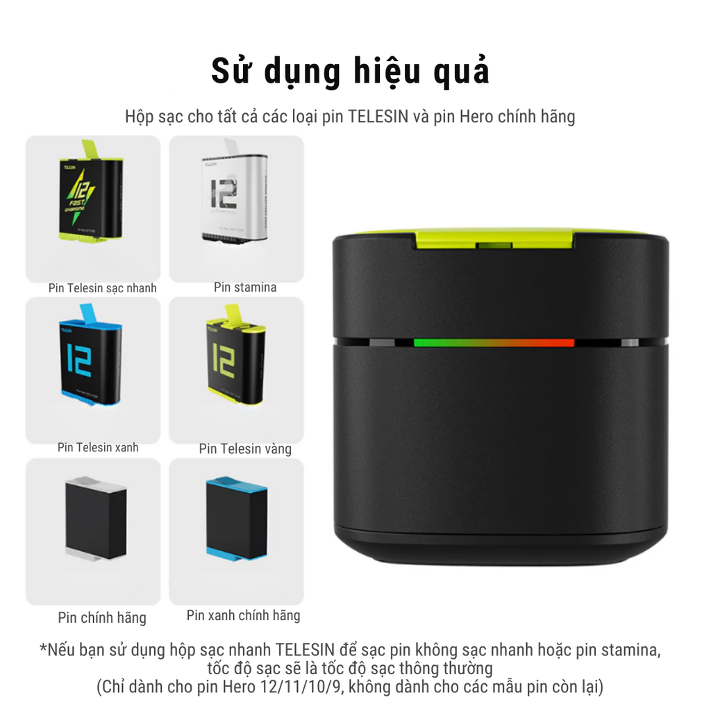 Pin Stamina và Hộp sạc nhanh Gopro 12 11 10 9 Black hiệu suất cao