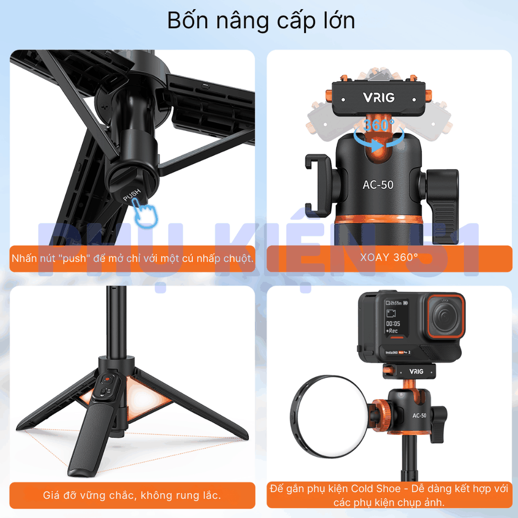Tripod Vrig Ac 50 cho Insta360 X5 Ace Pro 2 tích hợp Remote kéo dài 55cm tiện lợi