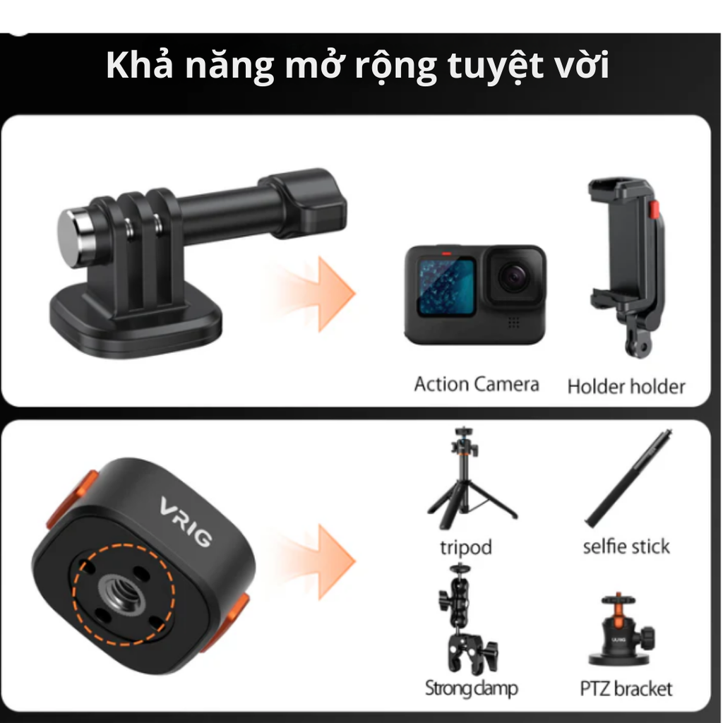 Ngàm Vrig AC 12 13 14 thao tác nhanh cho Actioncam Gopro Insta360 Osmo Action