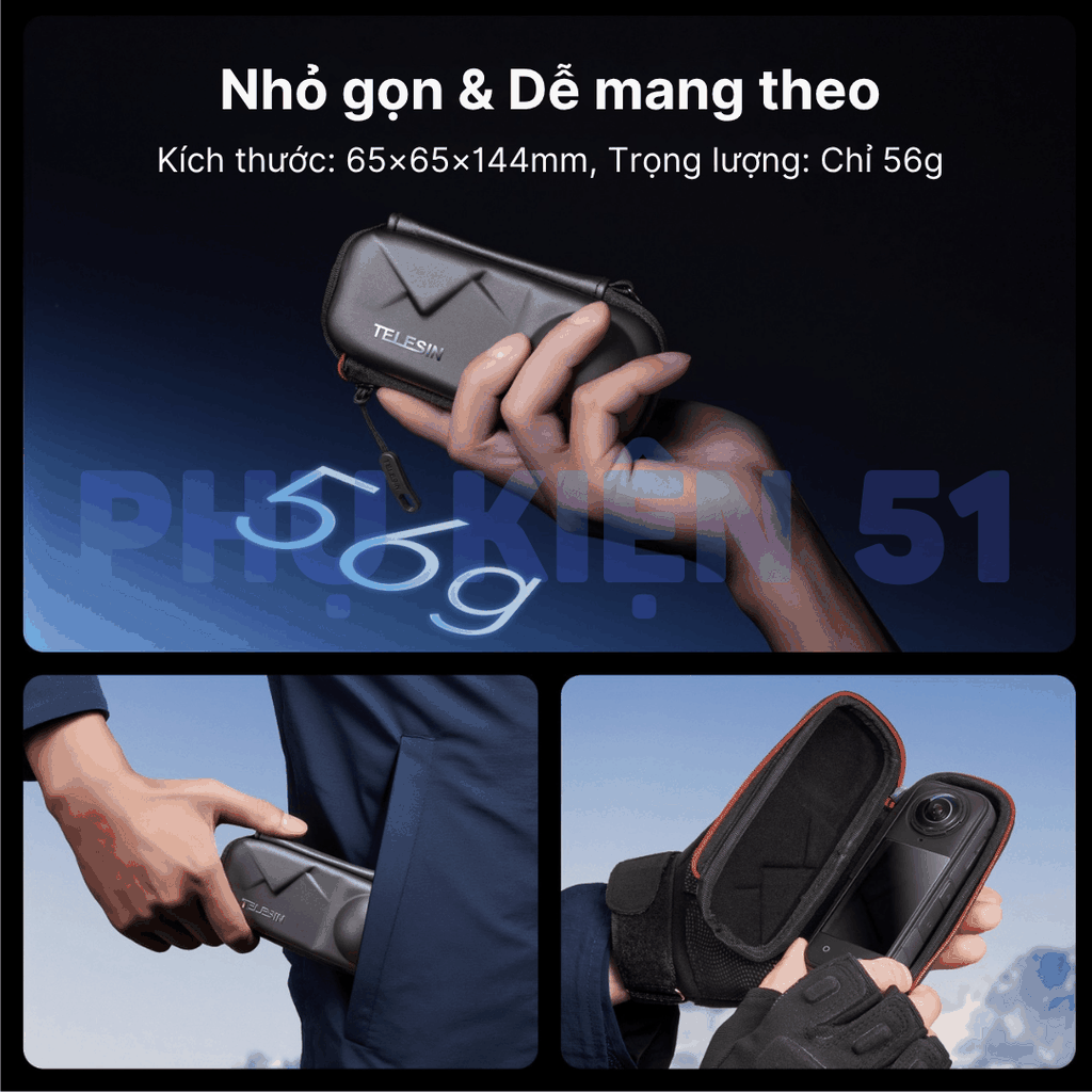 Túi mini Telesin đựng Insta360 X4 X5 bảo vệ camera chống va đập tốt