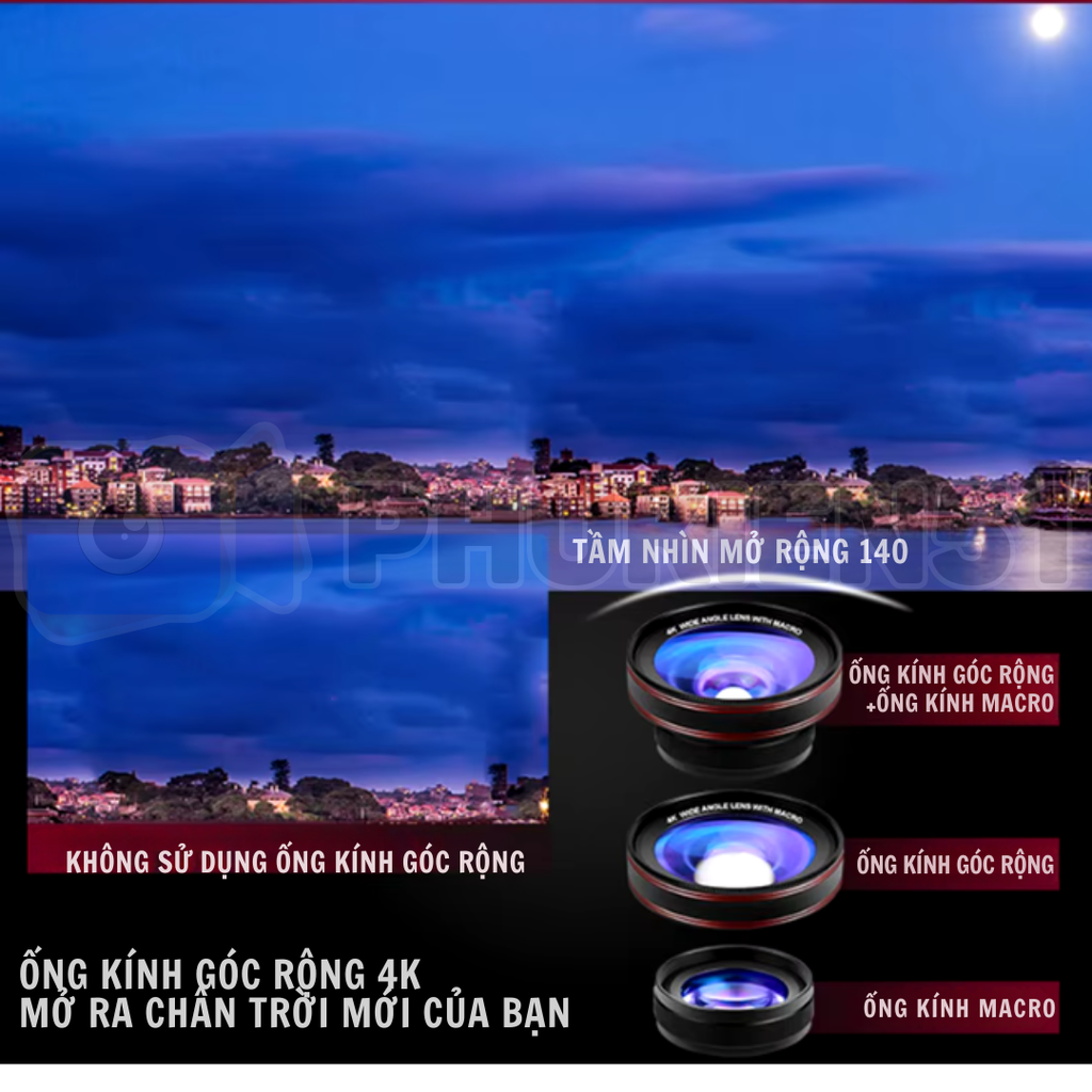 Lens 2 in1 4K HD Macro 15X và gốc rộng 0,45X cho điện thoại có đèn trợ sáng hỗ trợ cực tốt