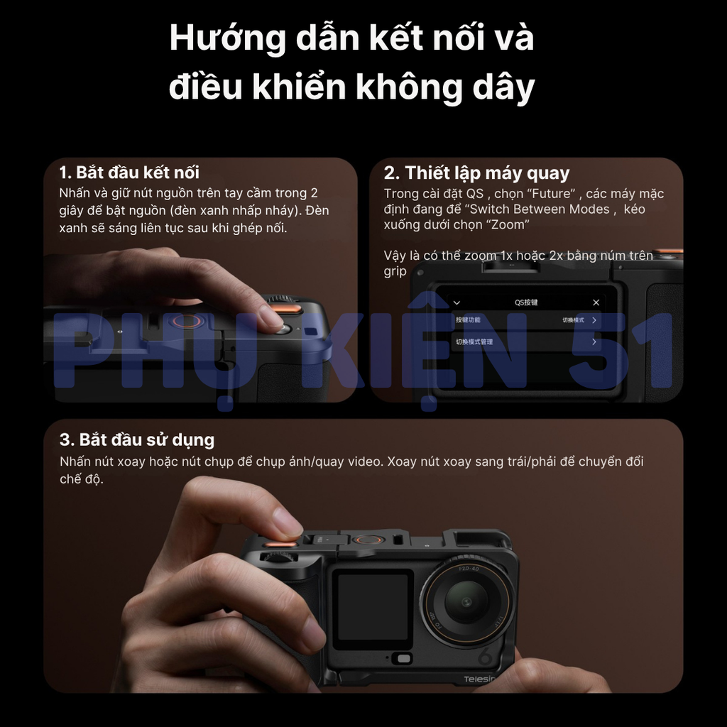 Báng tay cầm Telesin Bluetooth Action 6 chụp hình đường phố chụp hình từ xa