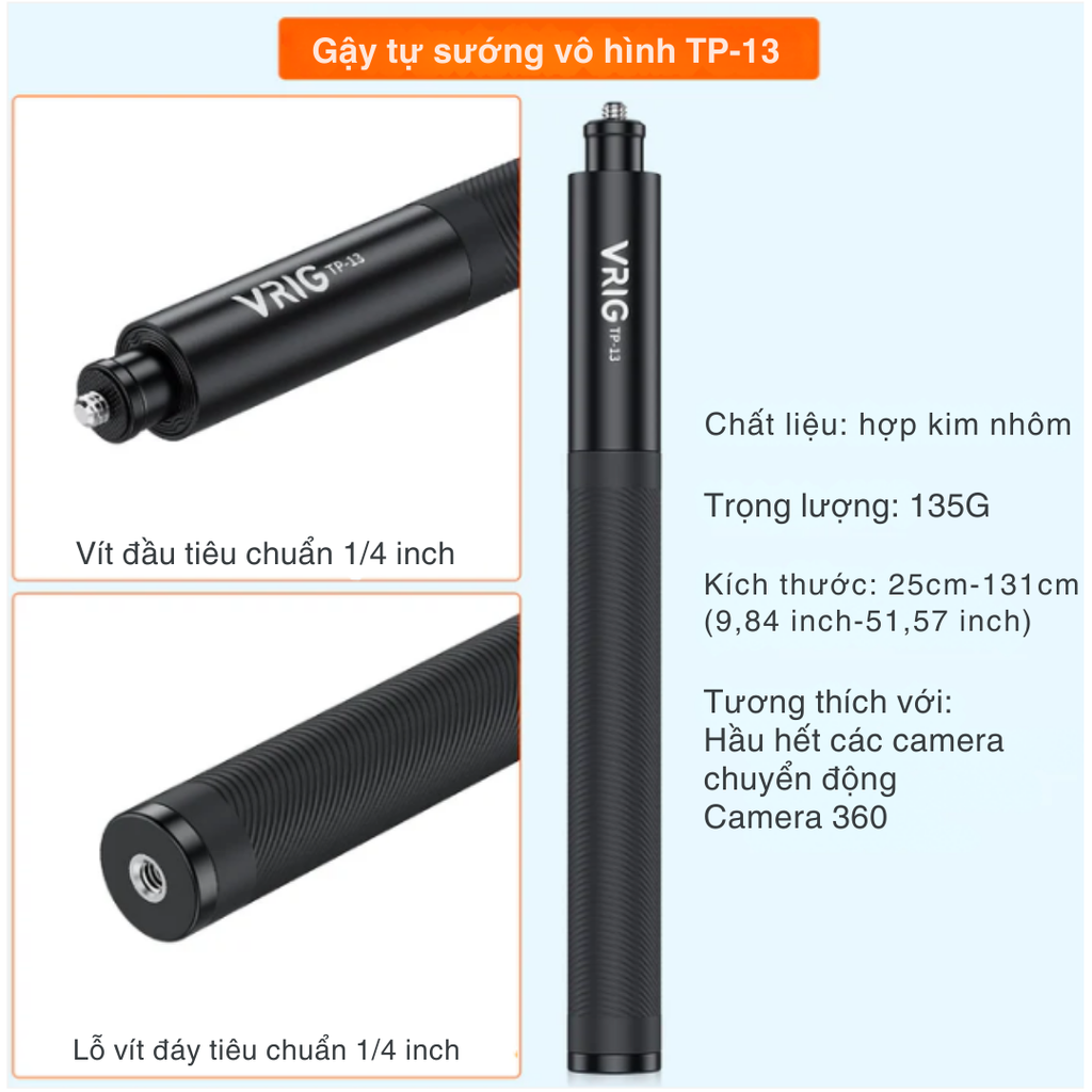 Gậy Vrig Tp-13 kéo dài 132cm gắn Insta360 Gopro Osmo Actioncam cứng cáp