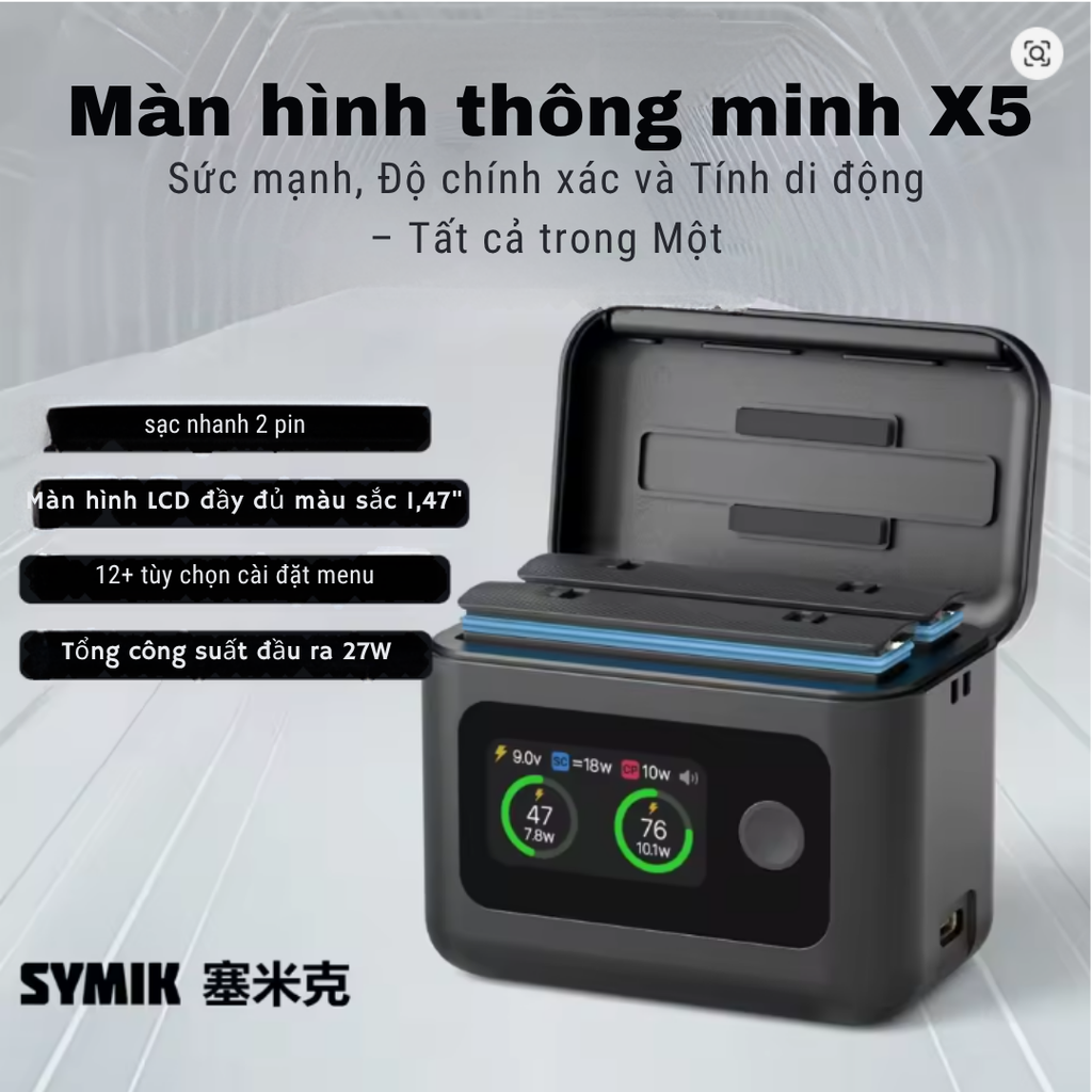 Hộp sạc nhanh Symik Insta360 X5 màn hình thông minh đủ thông số