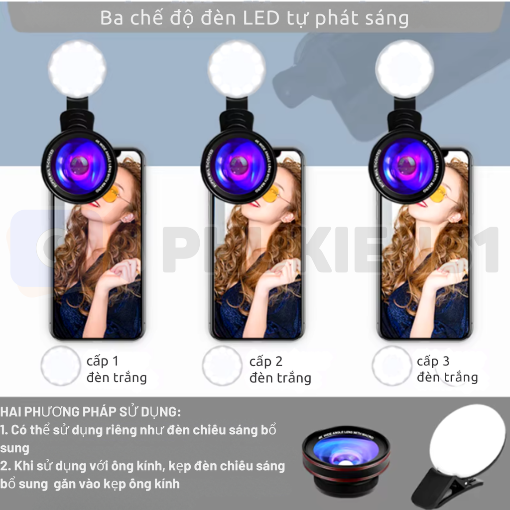 Lens 2 in1 4K HD Macro 15X và gốc rộng 0,45X cho điện thoại có đèn trợ sáng hỗ trợ cực tốt