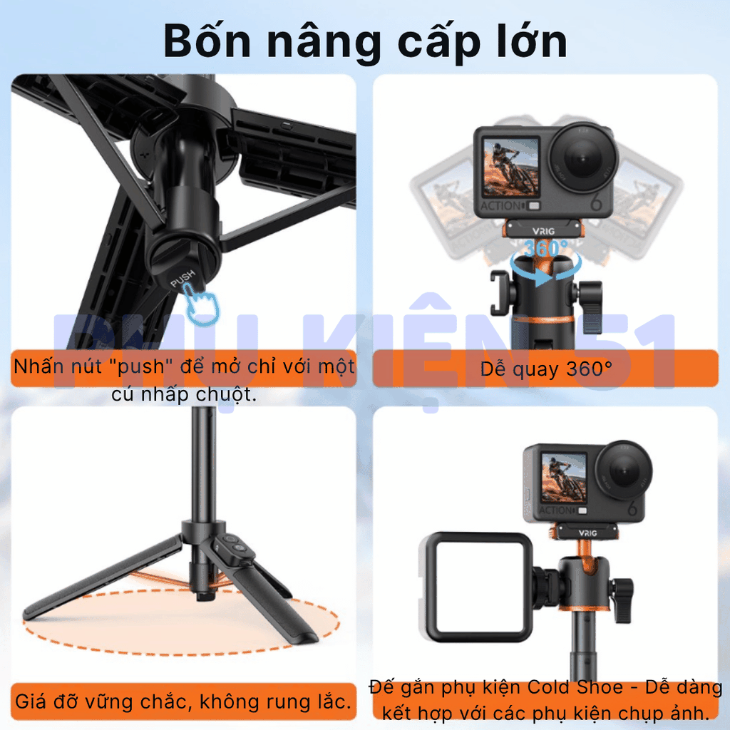 Gậy Vrig kiêm Remote Action 6 5 4 Osmo 360 gấp gọn tích hợp ngàm dài 55cm