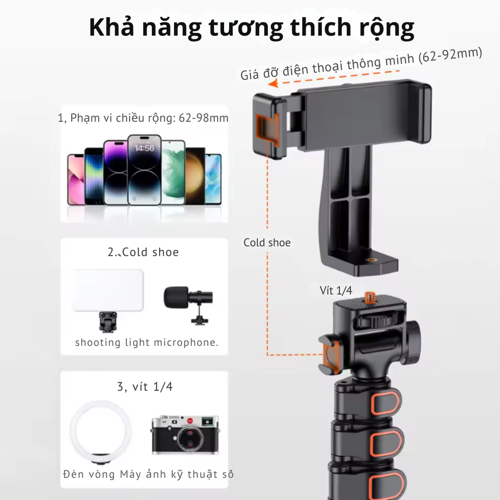 Tripod Vrig Tp 14 kéo dài 1m6 nhôm cứng cáp hỗ trợ nhiều thiết bị gimbal, điện thoại Actioncam, máy ảnh